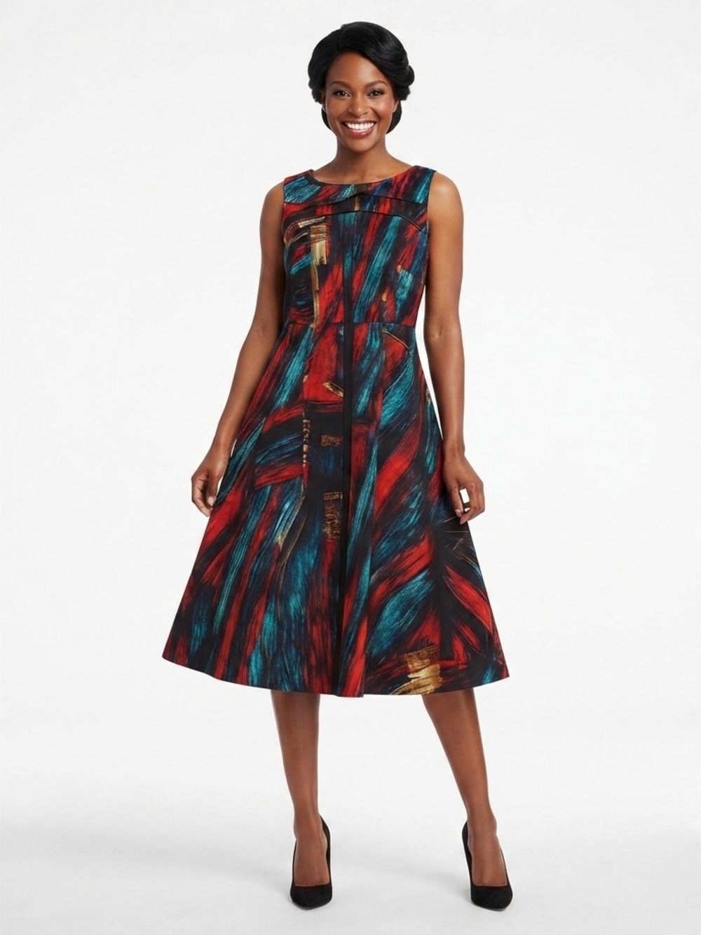 Ellen Tracy Multicolor Abstract Fit & Flare Midi Dress Size 16